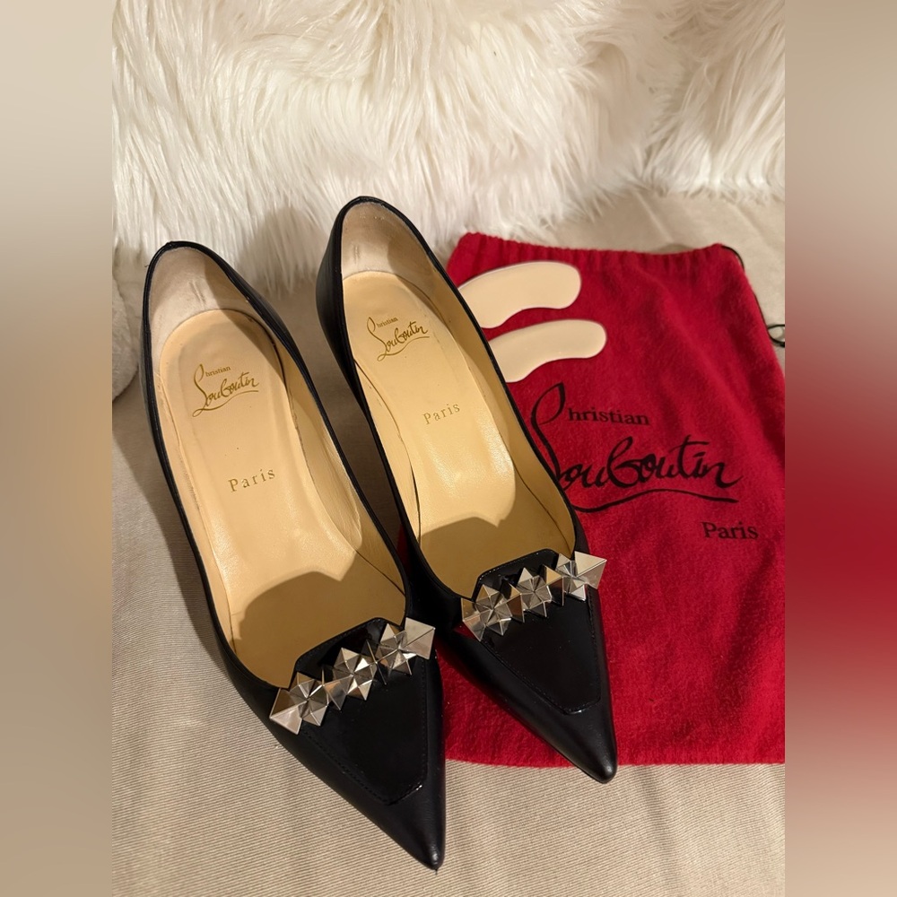 Christian Louboutin Black Pointed Toe Studded Leather Pumps